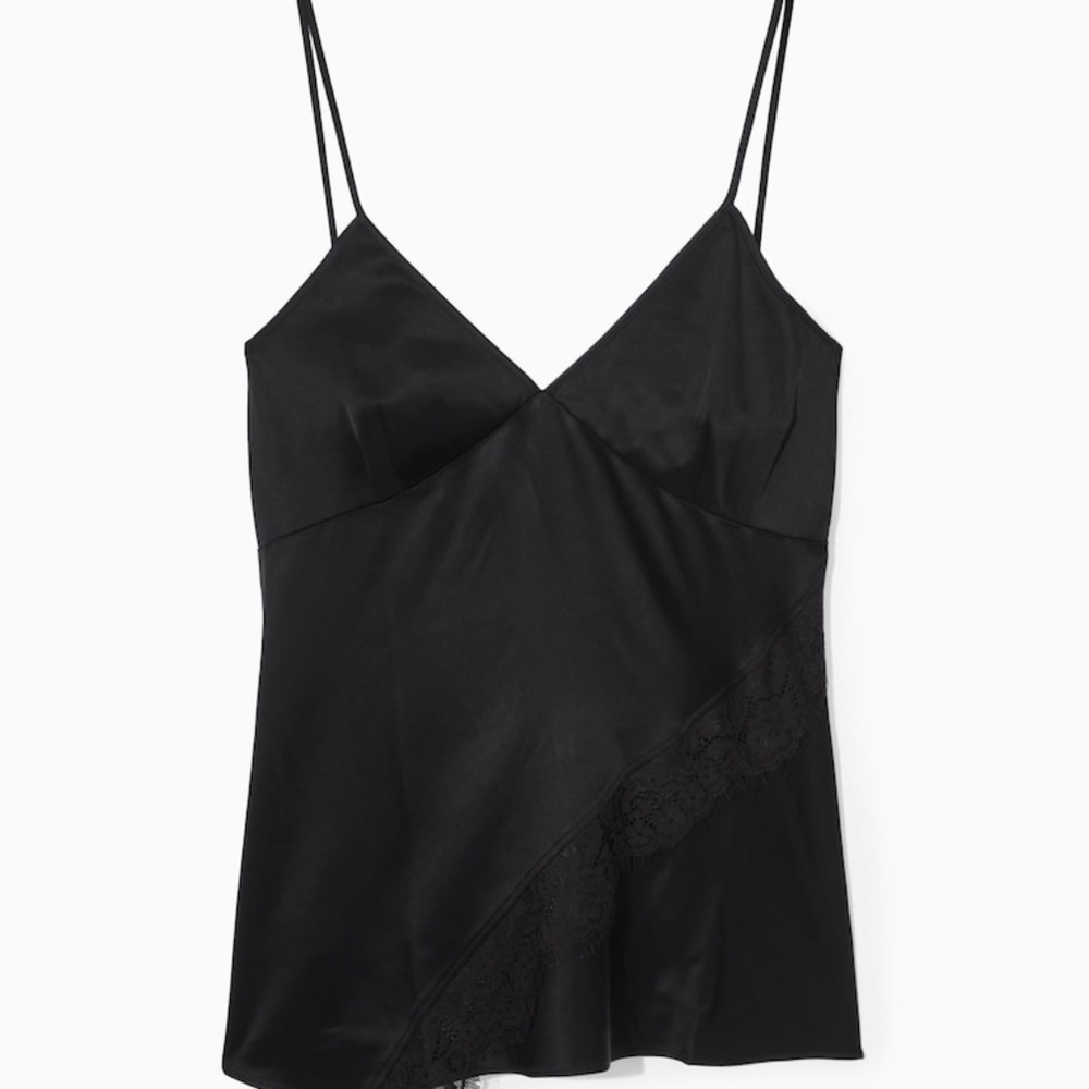 COS ASYMMETRIC LACE-TRIMMED SATIN CAMISOLE in Black Size 14